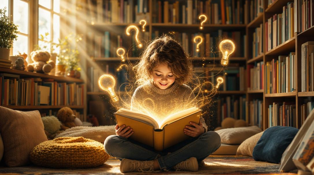 A cozy, magical children's library reading nook