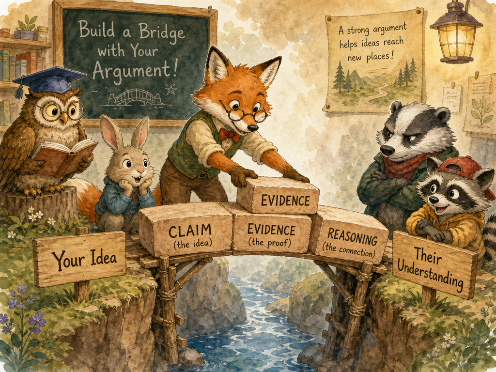 Kids building an argument with blocks labeled Claim, Evidence, Reasoning
