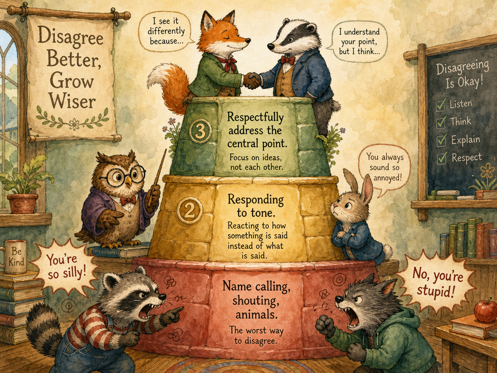 Two students having a respectful debate with speech bubbles
