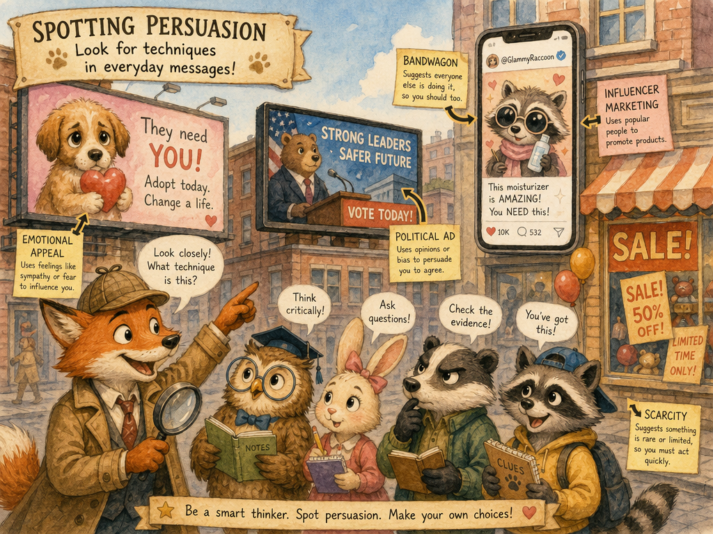 A collage showing ads, social media, and speech podiums