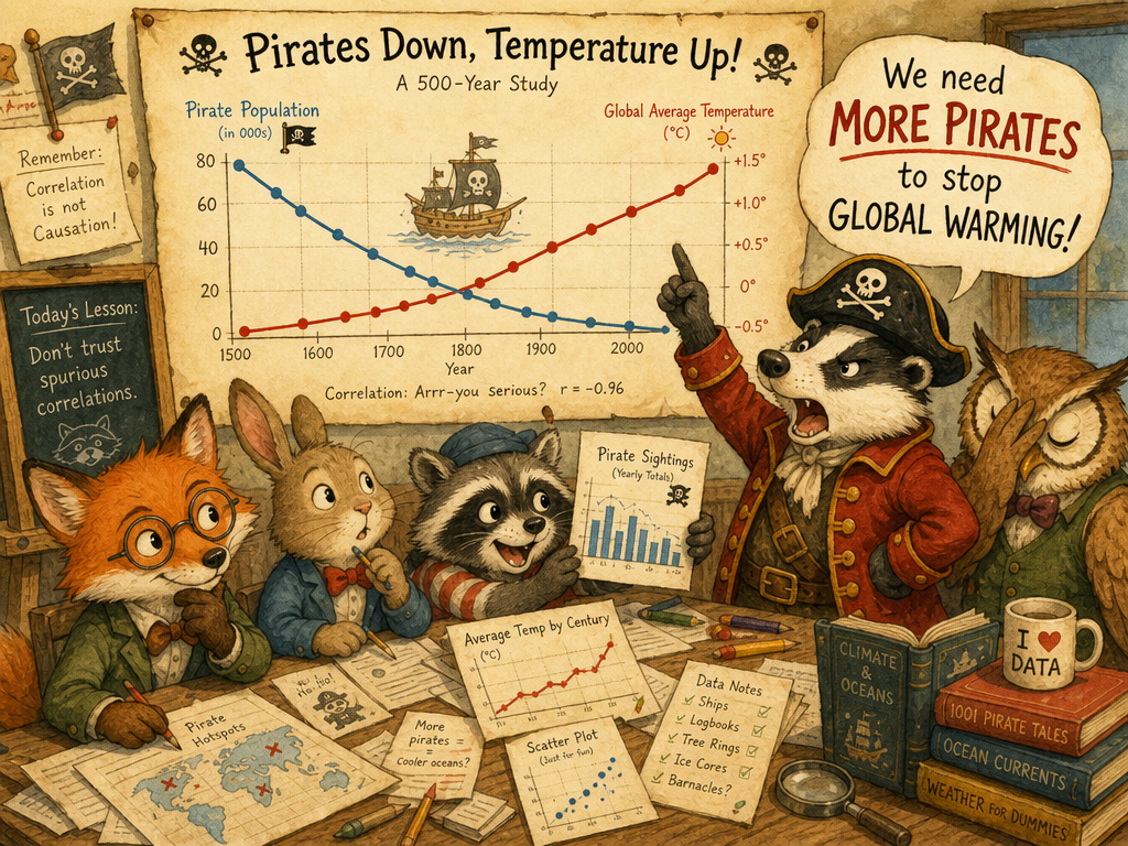 Ice cream cones and pirates connected by ridiculous arrows of fake causation