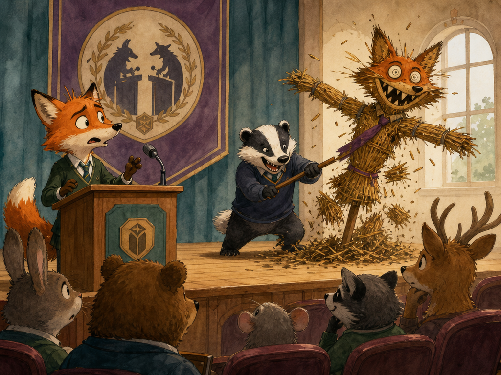 Straw Man - A badger attacks a scarecrow version of a fox's argument