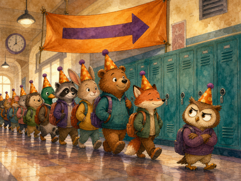 Bandwagon - Animals following each other in a parade with party hats
